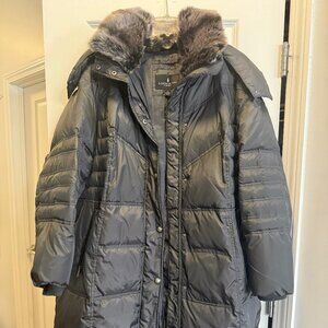 London Fog Women's Plus-Size Mid-Length Faux-Fur Collar Down Coat with Hood